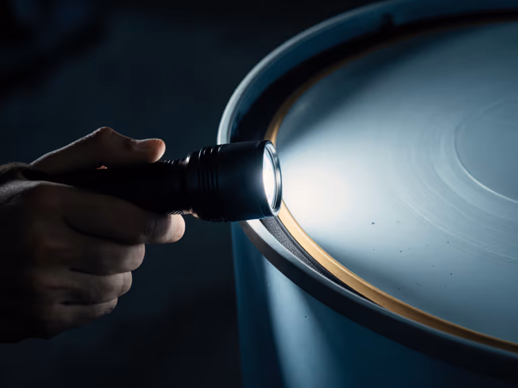 tank seal inspection with flashlight
